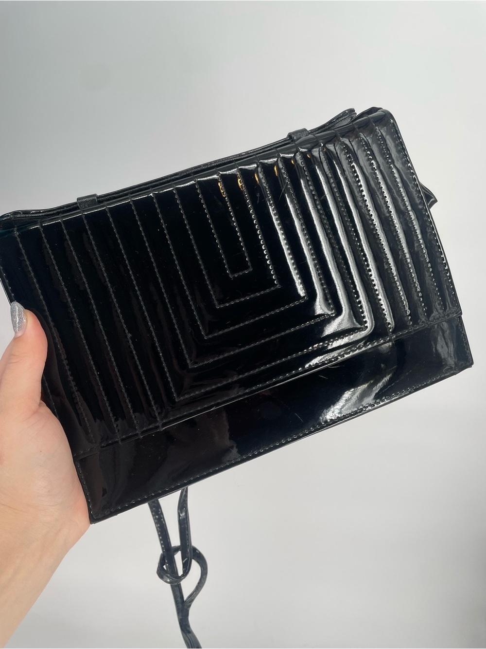 Vintage 80s Black Patent Leather Quilted Rectangle Crossbody Handbag